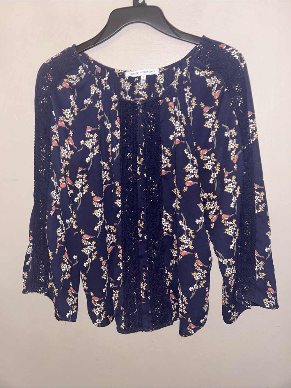 Collective Concepts Shirt - navy w/floral and red bird print